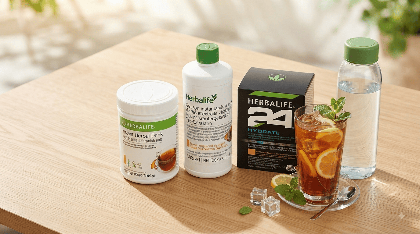 Sommerliche Herbalife-Produkte: Instant-Kräutergetränk, Formula 1 Shake, Ballaststoffkonzentrat und Herbalife24 Hydrate auf einem Holztisch mit Zitronen, Minze und einer Trinkflasche